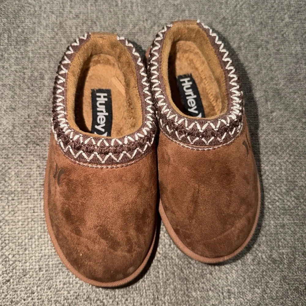 Hurley Kids Size 10 Brown Faux Suede Sherpa Lined Slip On Moccasin